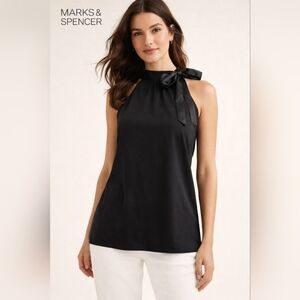 Marks & Spencer Black Satin Halter Top with Tie Neck Size L
